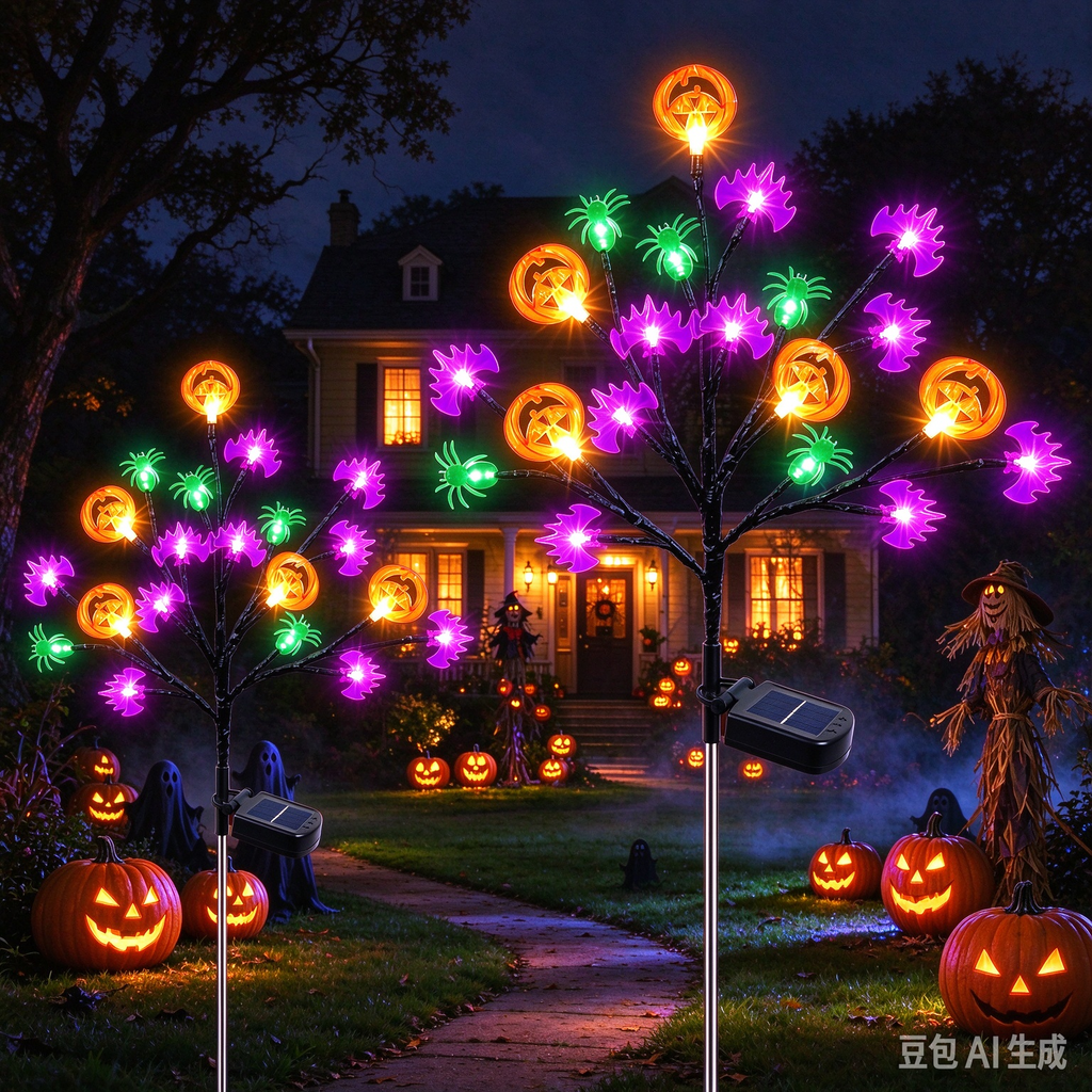 Qoosea 2 packs 40 LED Solar Halloween Lights, 2 Modes Halloween Bats Spiders Pumpkin Lights for Outdoor Decorations, Waterproof Stakes for Garden Yard Pathway Walkway