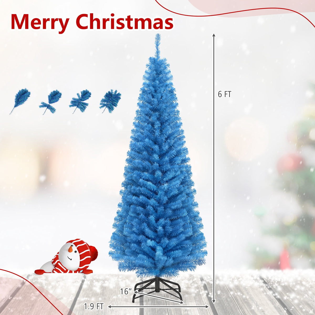 Costway 6FT Unlit Pencil Slim Tree Artificial Christmas Tree Metal Blue