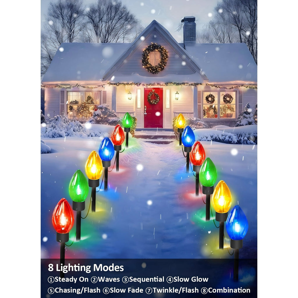 PMMIPNW Upgrade Christmas Pathway C9 String Lights Outdoor, 25 Ft with 12 Large Bulbs Stakes, Waterproof for Xmas Party Holiday Commercial Outdoor Decoration