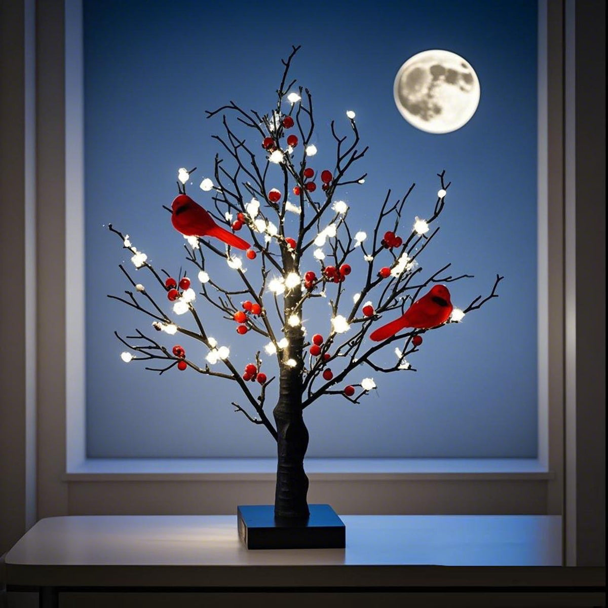 Vintage Glowing Tree with Cardinals, 21 in Little Red Bird Tree Light, New LED Mini White Birch Tree with Berries, Indoor Office Decor for Christmas, Halloween