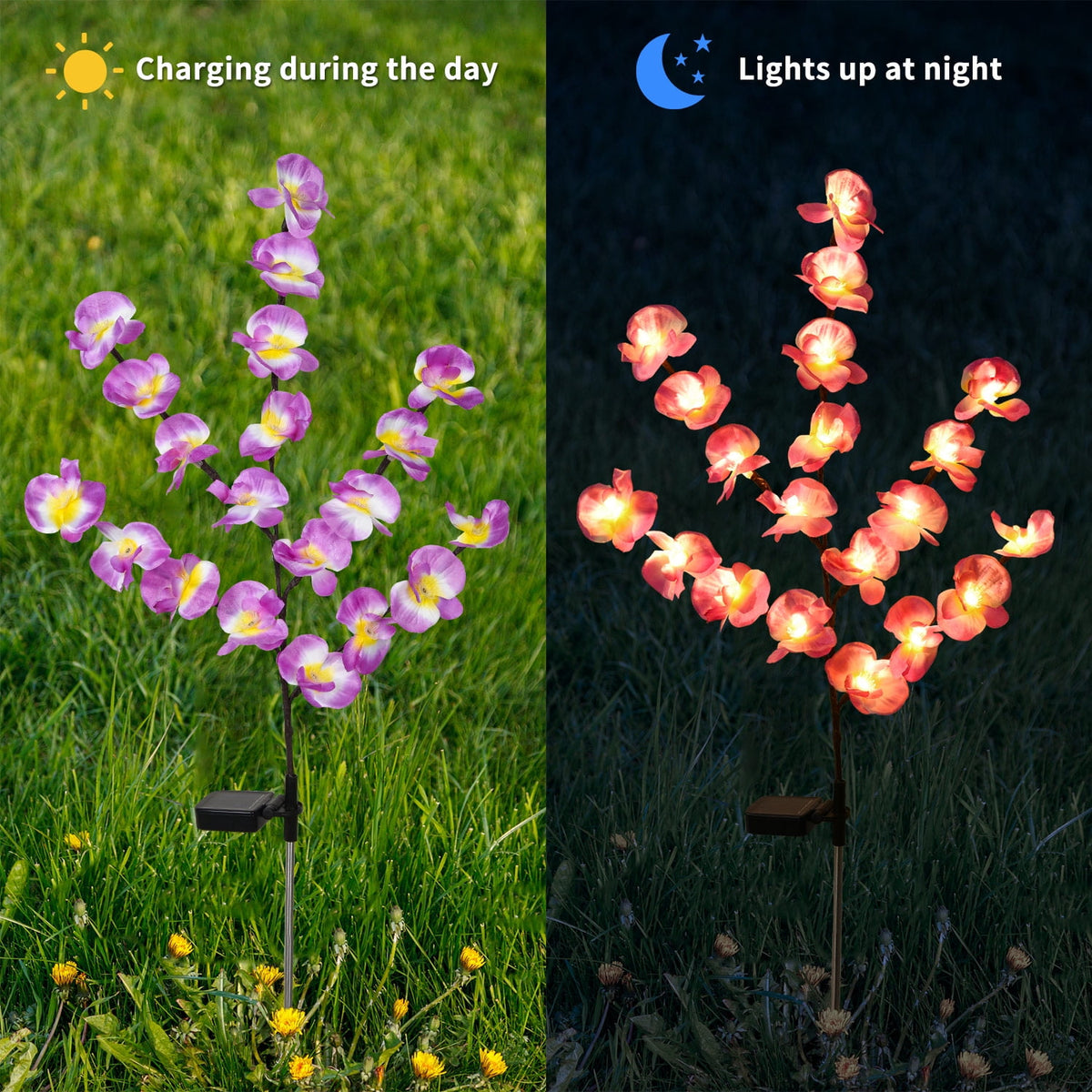 QiShi Solar Garden Lights Tree Outdoor Multi-Color Changing LED Stake Lights Flower for Garden, Patio, Yard and Decoration Solar Flickering Tree Lights (Tree,2 Pack)
