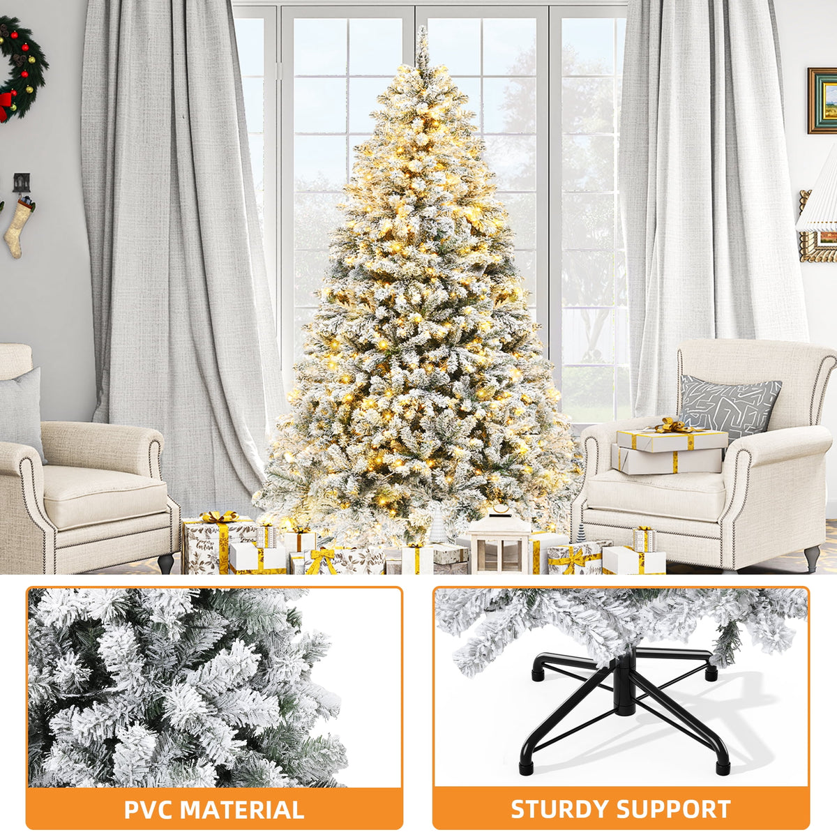 Dextrus 6ft Snow Flocked Artificial Christmas Tree with 250 Lights, Pre-Lit Holiday Christmas Pine Tree with 800 Branch Tips, 8 Light Modes and Foldable Base
