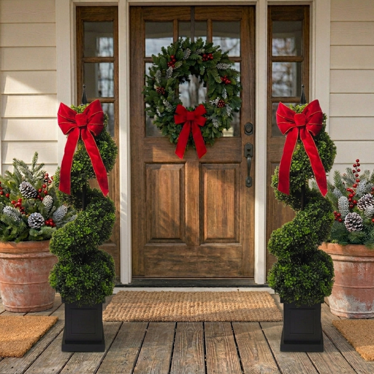 My Texas House Christmas Boxwood Swirl Topiary with Red Bow, 45",
