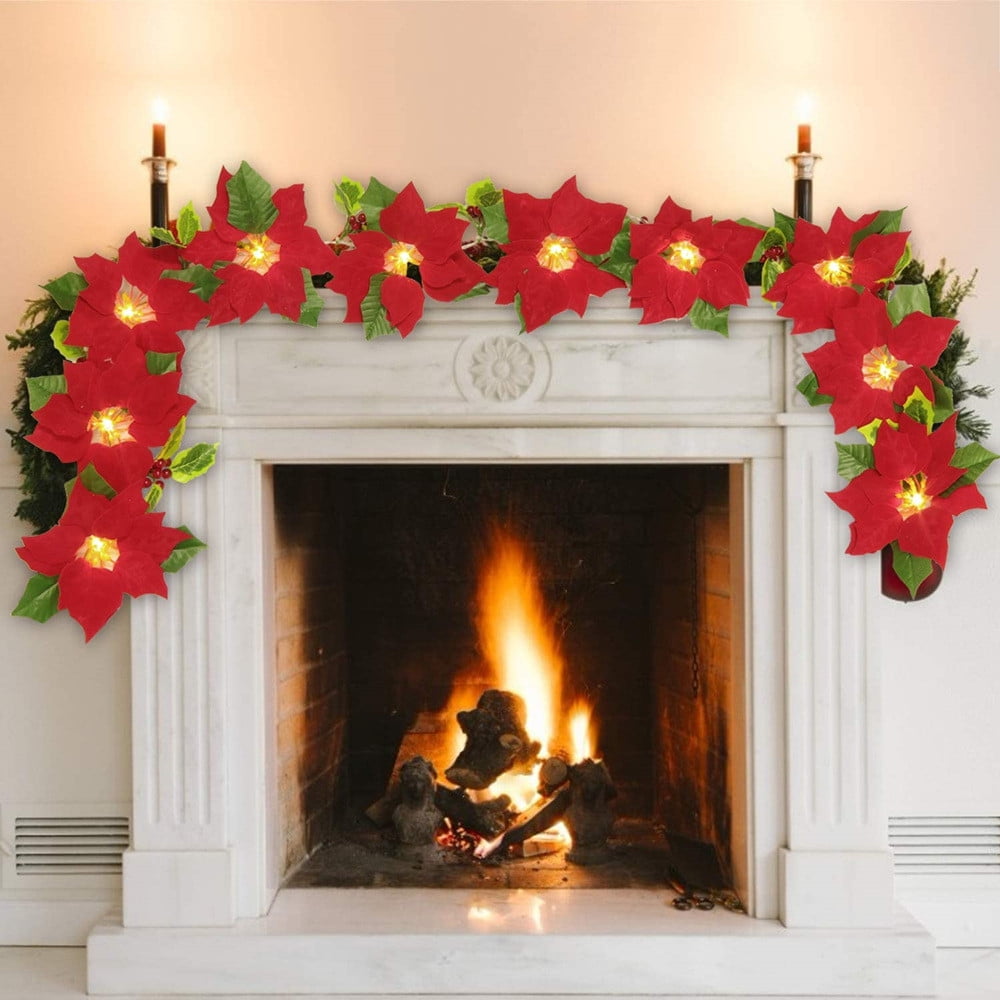 Hwkond Christmas Lights Outdoor LED Christmas Red Poinsettia Wreath With Warm Lighting Artificial Poinsettia For Holiday Decoration Battery Powered on Clearance