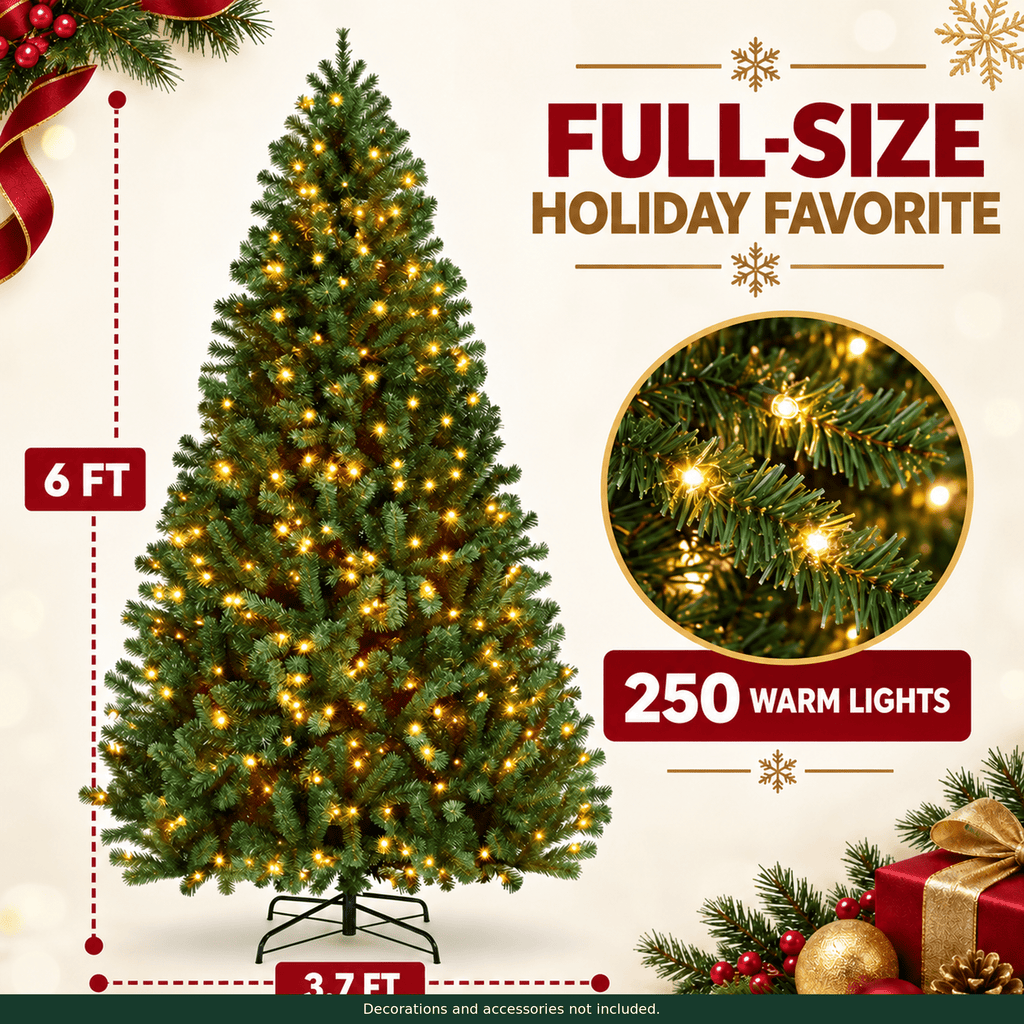 SUGIFT 6ft Premium Pre-Lit Christmas Tree with 250 Warm Lights, Green