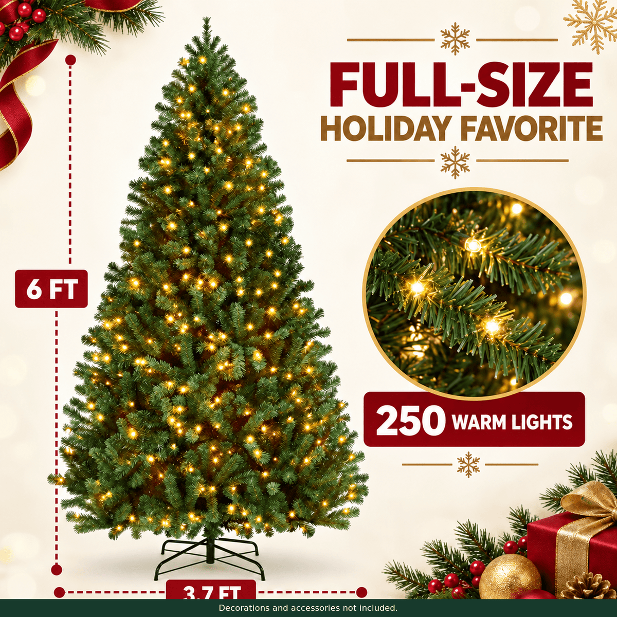 SUGIFT 6ft Premium Pre-Lit Christmas Tree with 250 Warm Lights, Green