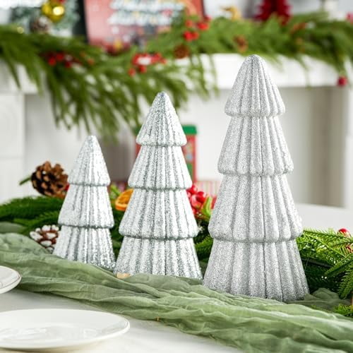 3 Piece Silver Glitter Artificial Christmas Tree Decorations Foam Tabletop Trees for Mantel and Holiday Party Decor