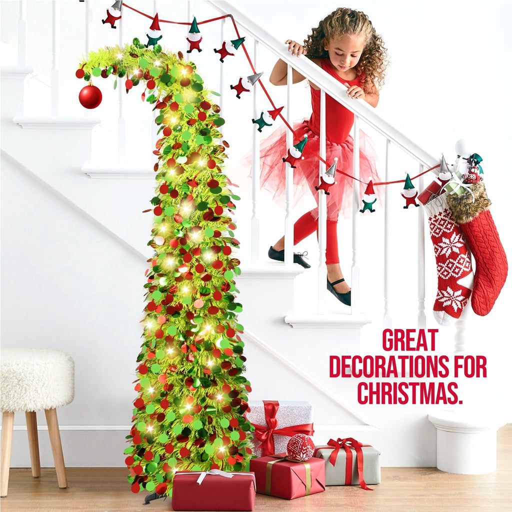 Ayieyill 5ft Pencil Christmas Tree, Collapsible Xmas Tree with Lights, Pop Up Tinsel Tree for Christmas Decorations Indoor, Pink White