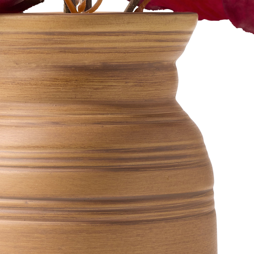 Better Homes and Gardens 19.5"H Artificial Real Touch Burgundy Leaves in 7.38"H Brown Ceramic Vase Made for Tabletops - 1.76 lbs