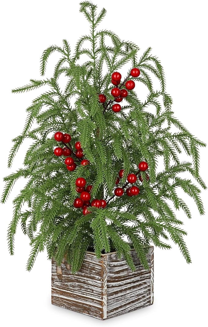 23.6 Inch Farmhouse Faux Cypress Table Tree with Red Berries and Wooden Base