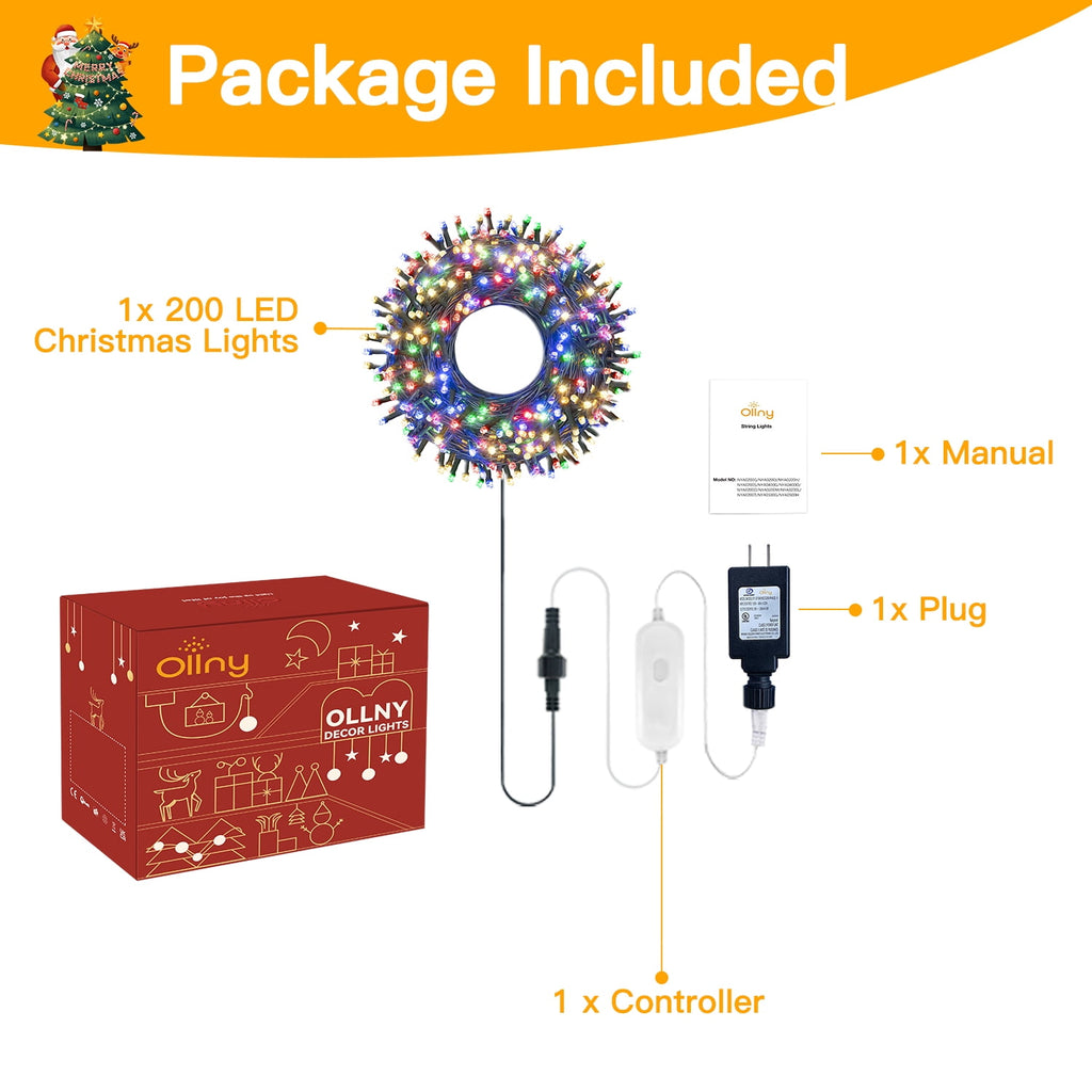Ollny 66ft 200 LED Christmas String Lights, 8 Lighting Modes 3 Timing Waterproof Indoor Outdoor Christmas Lights for Party Garden Holiday, Multicolor