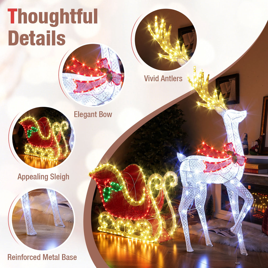 Gymax Lighted Christmas Reindeer & Sleigh Set Light-up Xmas Decorations w/462 LED