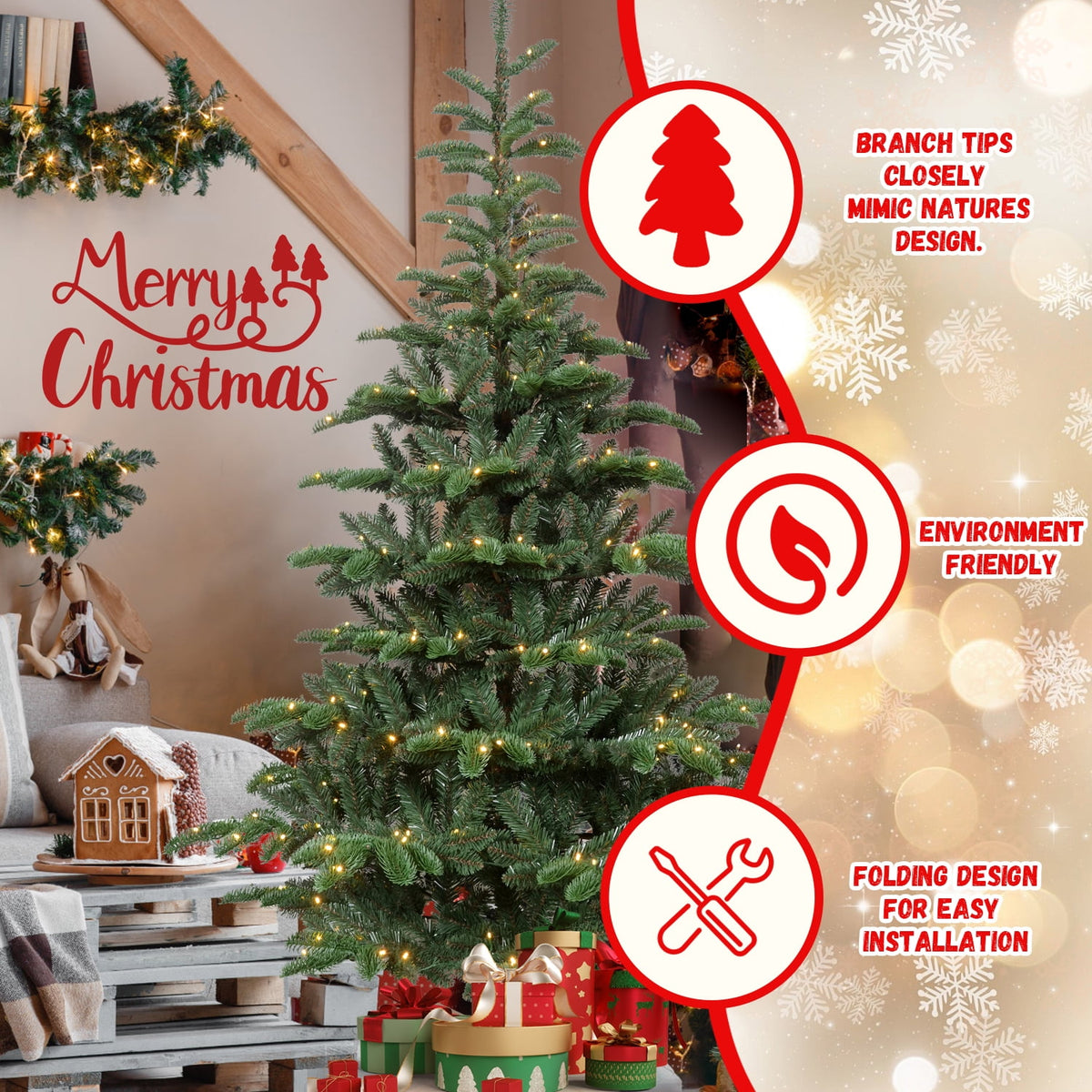 Mayhihi 7FT Pre-Lit Artificial Full Christmas Tree with 400 Lights, Hinged Premium 941 PE & PVC Mixed Branch Tips, Wooden Base, Green