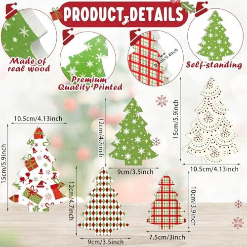 Huwena 5 Pcs Wooden Christmas Trees Decor,Red Green White Buffalo Plaid