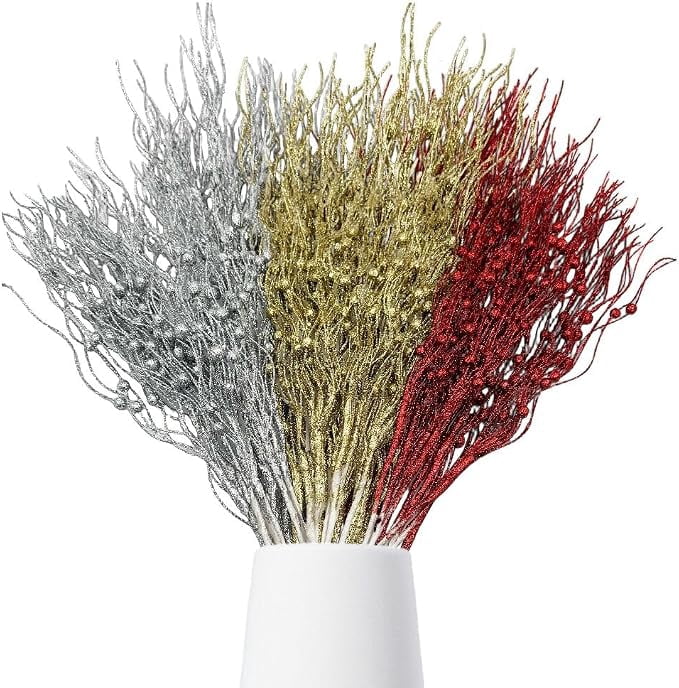 24 Pcs Christmas Tree Picks Decor,17” Artificial Glitter Curly Berry Stems