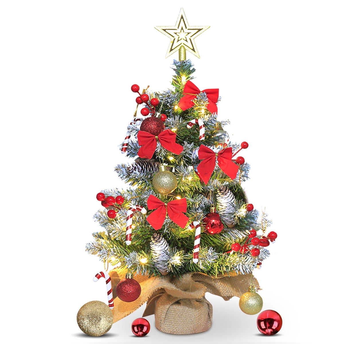 24" Mini Christmas Tree with LED Snowman Globe String Lights/Pine Cones Xmas Balls, Tabletop Christmas Tree with 36 Ornaments, Small Artificial Xmas Spruce Tree for Holiday Indoor Christmas Decor