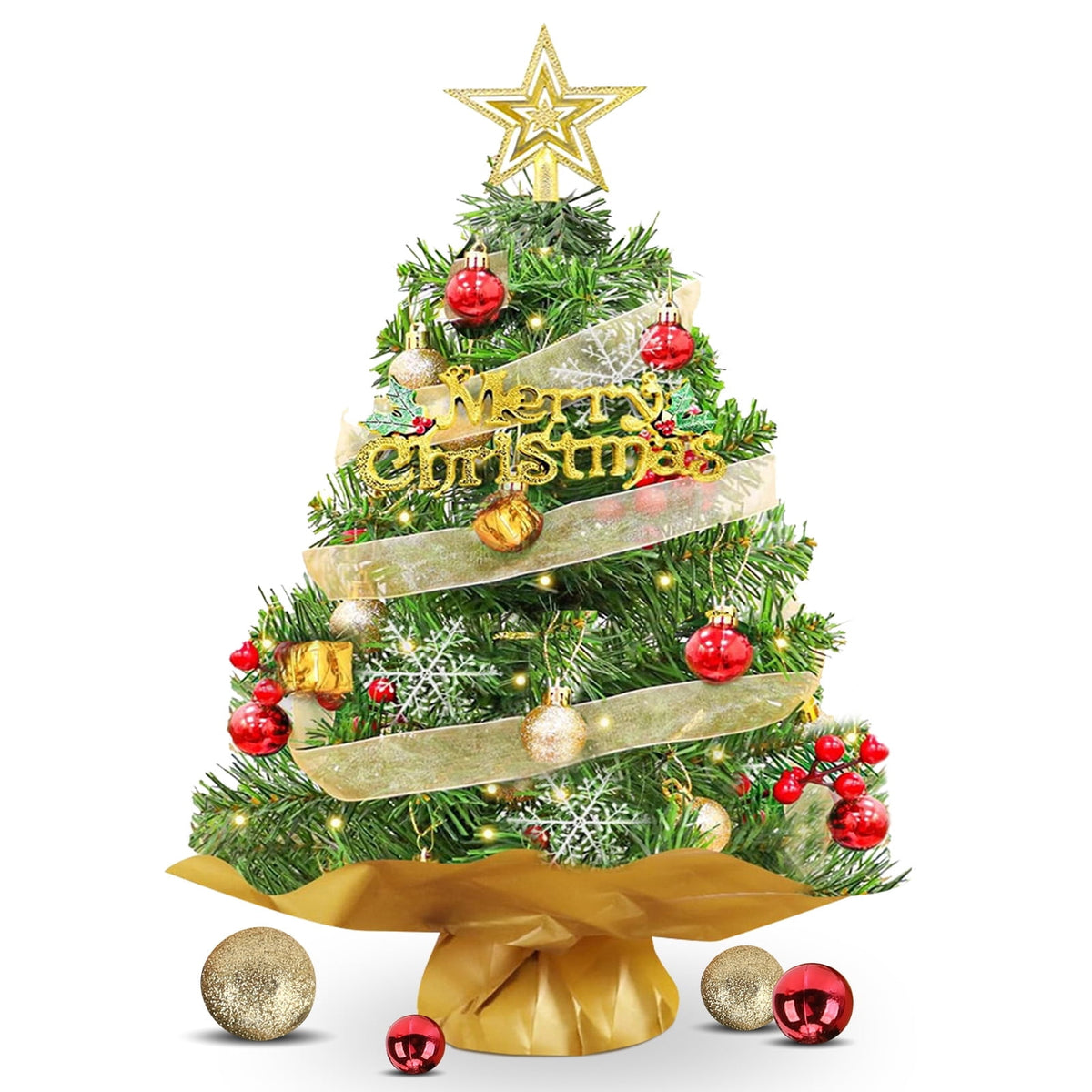 24" Mini Christmas Tree with LED Snowman Globe String Lights/Pine Cones Xmas Balls, Tabletop Christmas Tree with 36 Ornaments, Small Artificial Xmas Spruce Tree for Holiday Indoor Christmas Decor