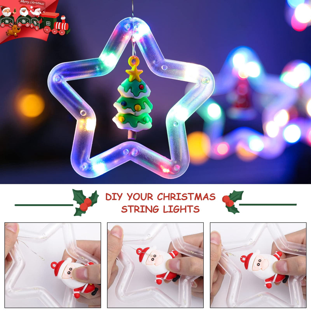 WILLED Christmas String Lights, 120 LED Window Curtain Lights with Christmas Ornaments, 9.8ft USB Powered Warm White Waterproof Fairy Lights Indoor Outdoor for Xmas Tree Patio Garden Party Home Decor