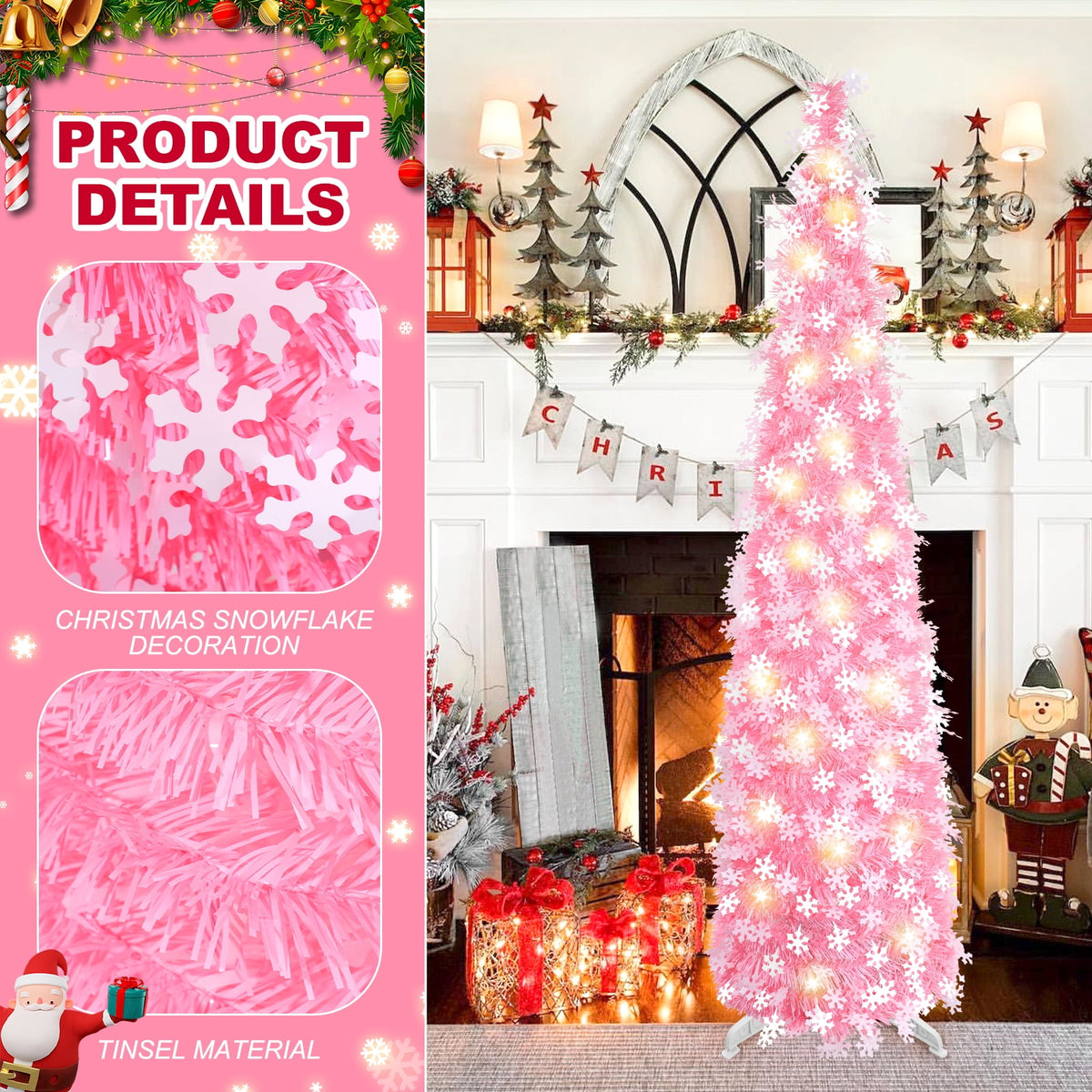 Ayieyill 5ft Pencil Christmas Tree, Collapsible Xmas Tree with Lights, Pop Up Tinsel Tree for Christmas Decorations Indoor, Pink White