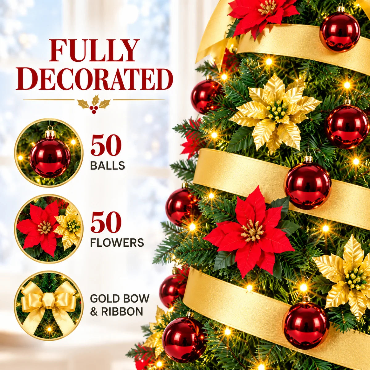 SUGIFT 6ft Pop-Up Pencil Christmas Tree, 200 LED Lights, 8 Modes, 100 Ornaments, Gold Bow, Easy Setup