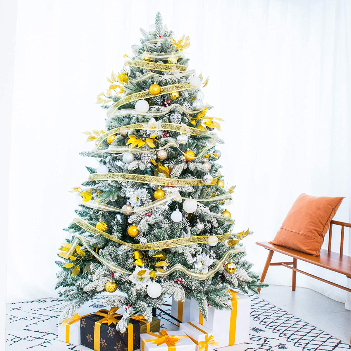 Senjie Snow Flocked Christmas Tree,Real Touch Artificial Tree with Red Berry Unlit 4.5 FT