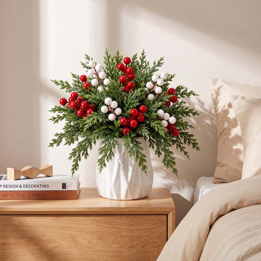 Ayieyill 39 Pack Artificial Pine Branches, 13.5 Inch Christmas Greenery Stems with Red & White Berries for Vase DIY Christmas Decorations Indoor