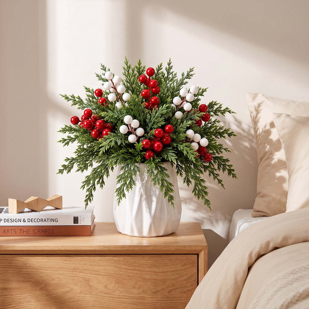 Ayieyill 39 Pack Artificial Pine Branches, 13.5 Inch Christmas Greenery Stems with Red & White Berries for Vase DIY Christmas Decorations Indoor