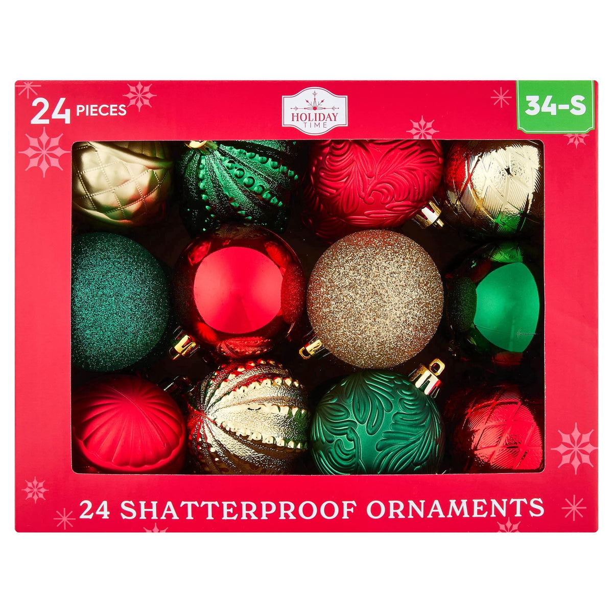 24-Count Red/Green/Gold Ball Shatterproof Christmas Ornaments, 2.8", by Holiday Time