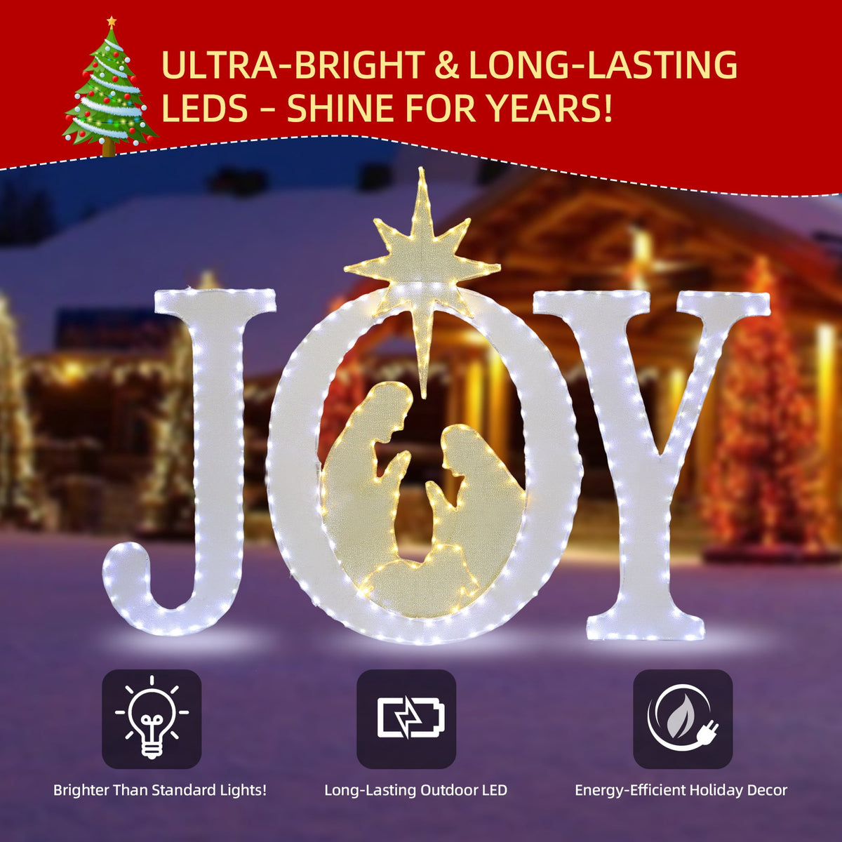 Starfree 49-inch Outdoor Nativity Decoration Lighted JOY Sign with Outdoor Christmas Yard Decorations Hanging and Standing Options for Porch & Garden