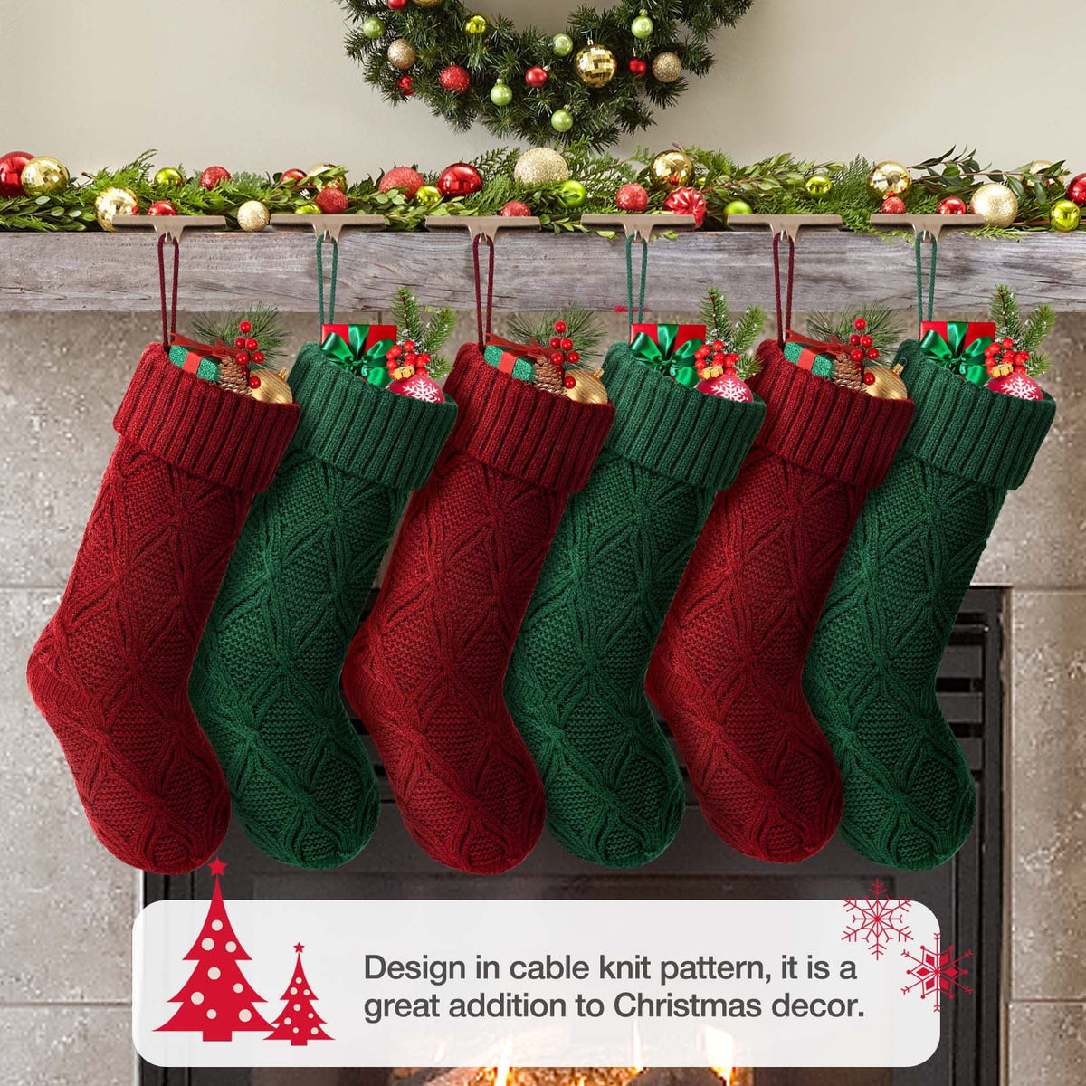 Ayieyill 6pcs Christmas Stockings Large Knitted Xmas Stockings 18 Inches Fireplace Hanging Stockings for Family Holiday Christmas Decoration