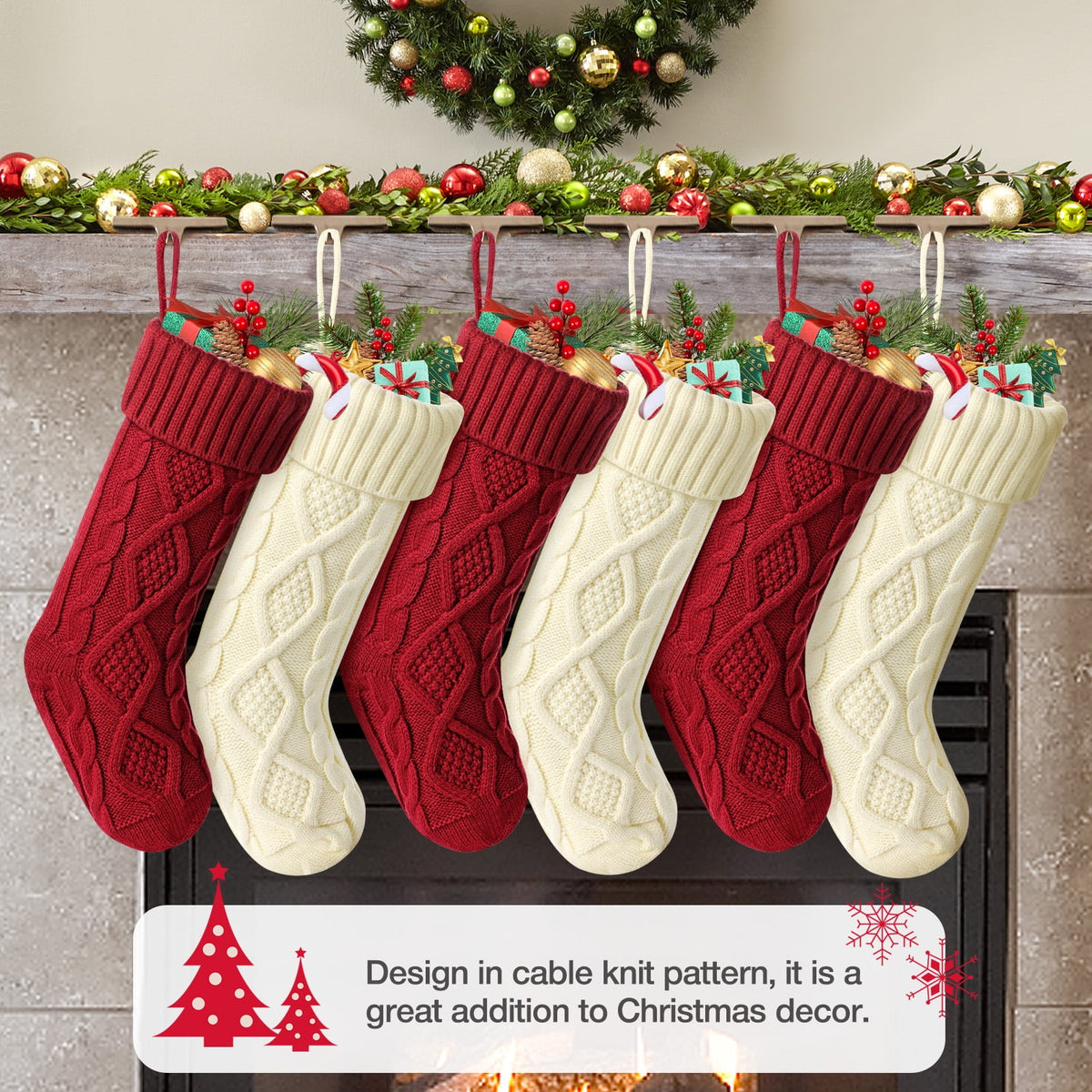 Ayieyill 6pcs Christmas Stockings Large Knitted Xmas Stockings 18 Inches Fireplace Hanging Stockings for Family Holiday Christmas Decoration