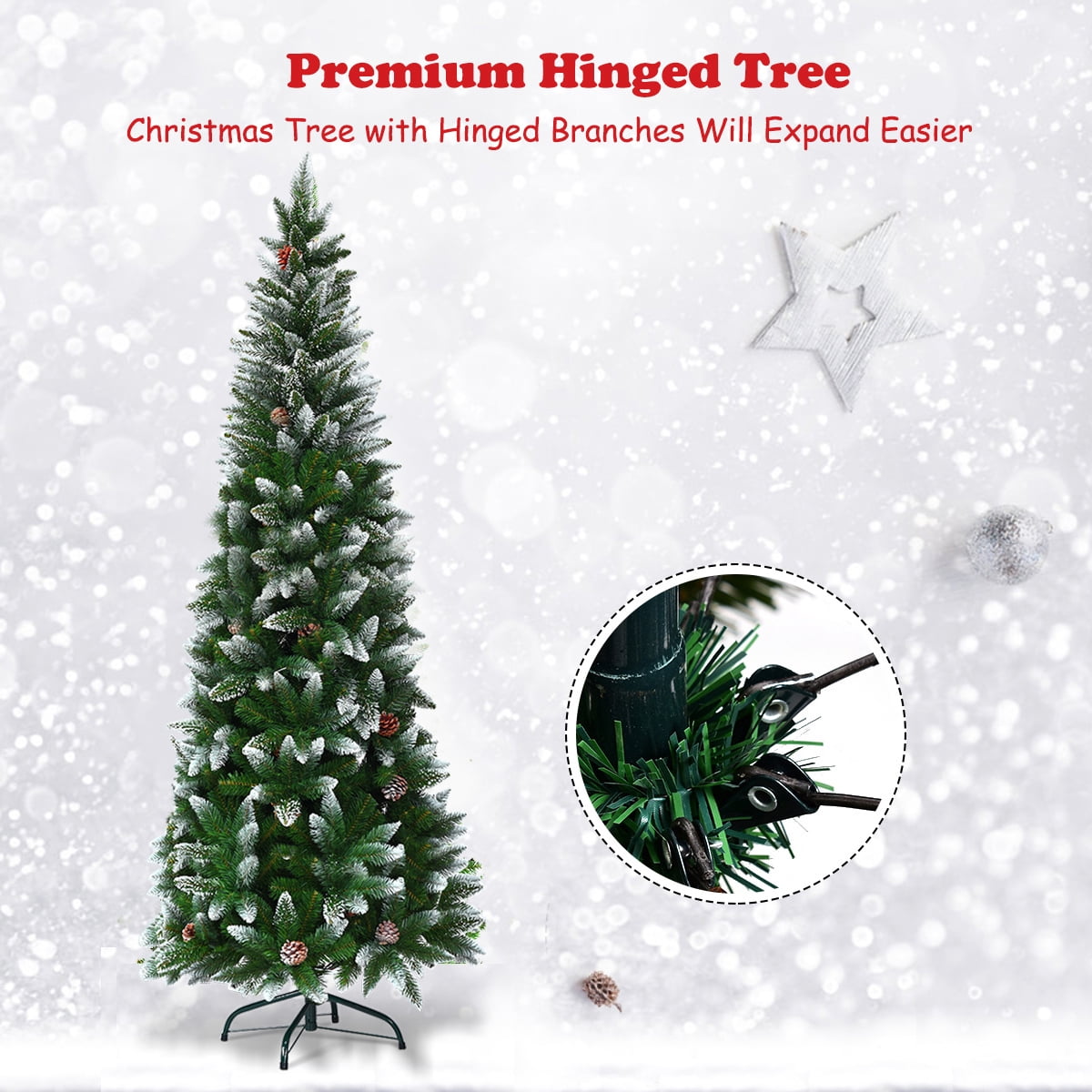Gymax 5ft Snow Flocked Pencil Christmas Tree Classic Realistic PVC Needles W/Pine Cones