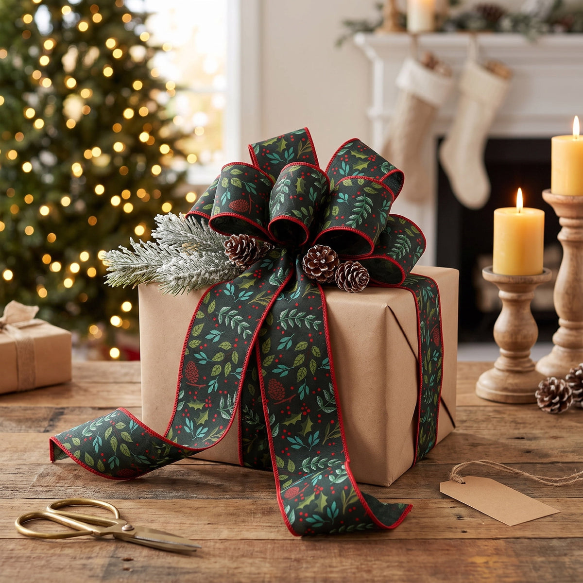 Multicolor Pinecone and Leaf Christmas Ribbon, 2.5" x 15', by Holiday Time
