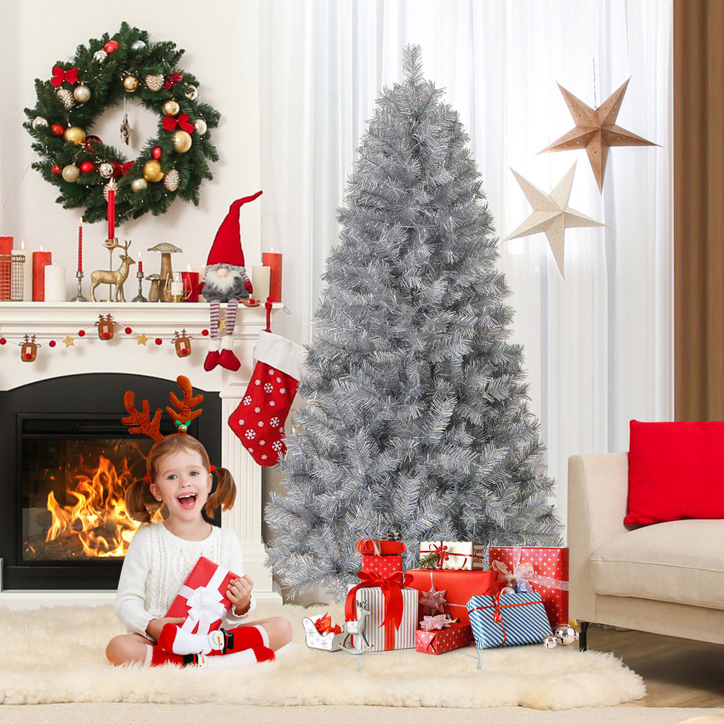 Gymax 7 FT Pre-Lit Artificial Christmas Tree Silver Tinsel Hinged Xmas Tree