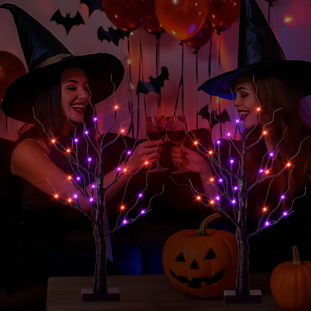 2-Pack Halloween Decor: 2FT Pre-lit Black Halloween Trees with 48 Orange & Purple LEDs, Battery Operated with Timer Function, Perfect for Spooky Tabletop Displays, Home Parties & Indoor Decorations.