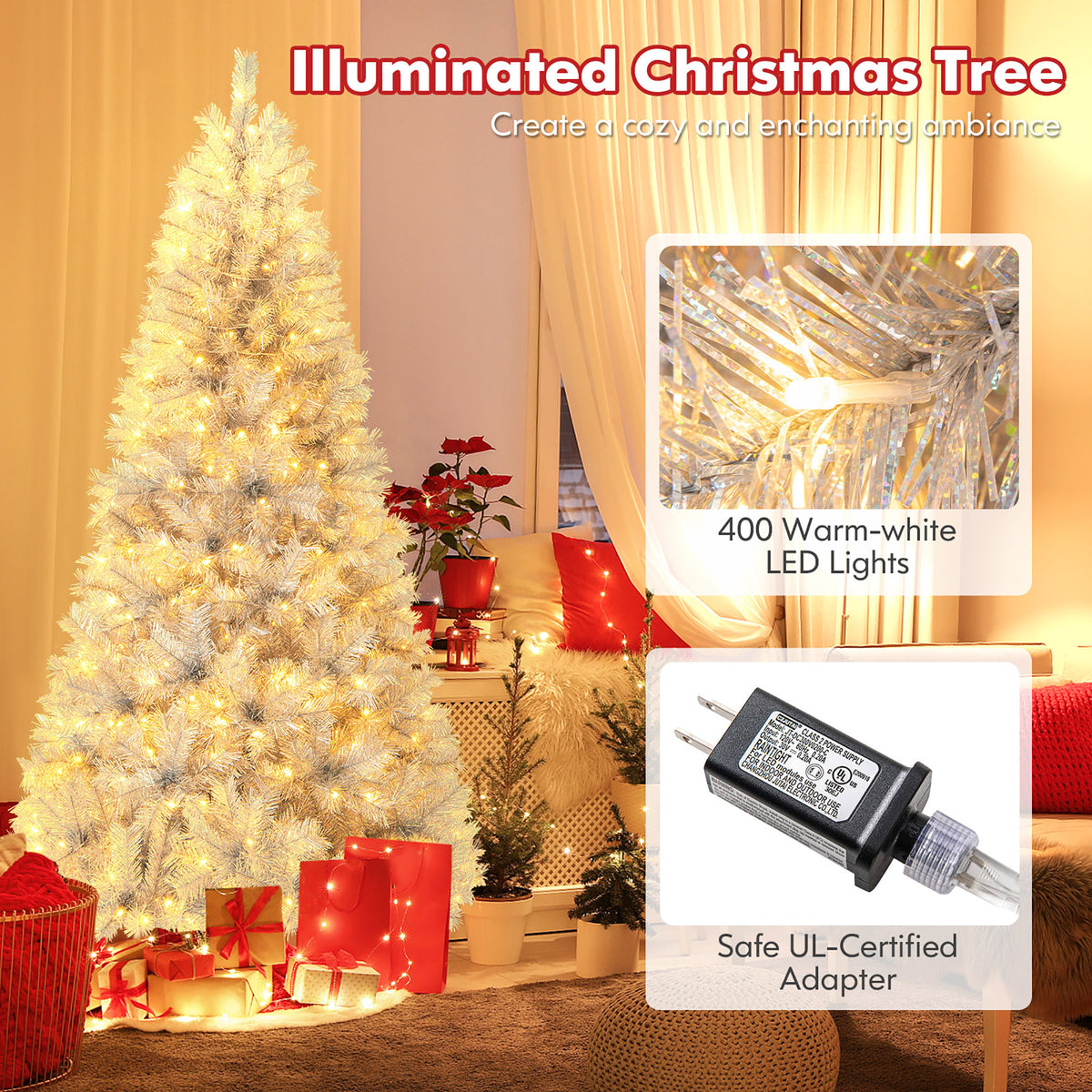 Gymax 7 FT Pre-Lit Artificial Christmas Tree Silver Tinsel Hinged Xmas Tree