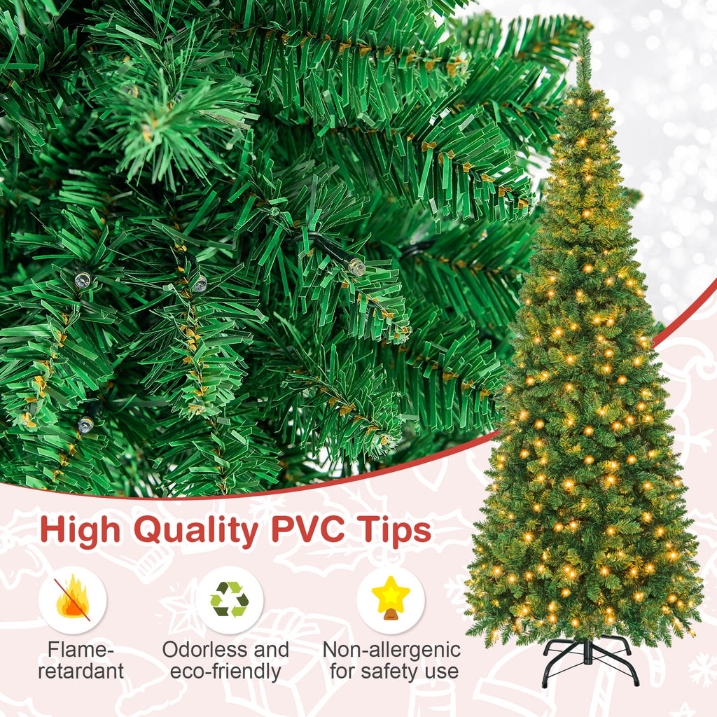Topbuy 6.5ft Pencil Christmas Tree Pre-Lit Hinged Artificial Decoration w/ 250 Warm White Lights