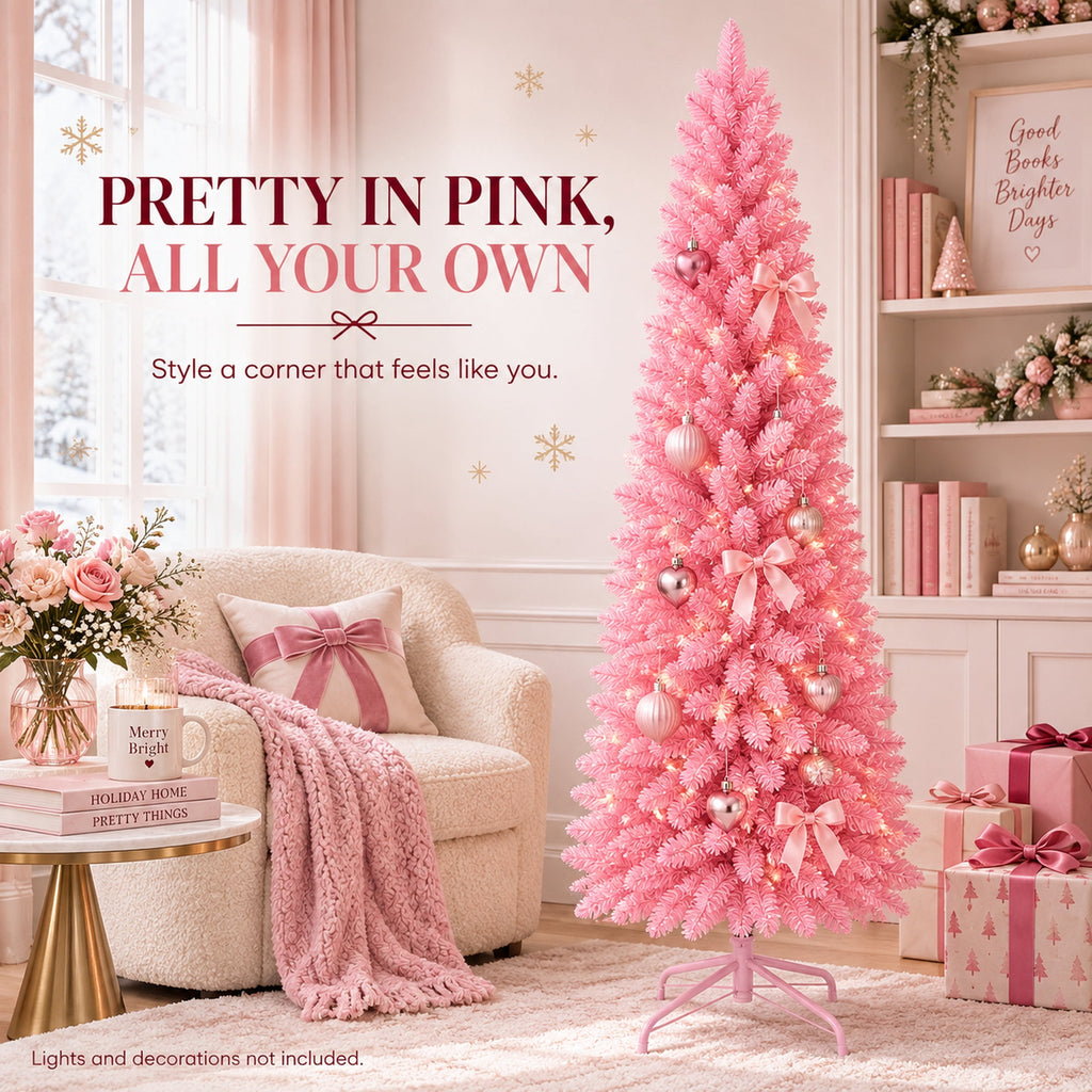 Ahititi 7 FT Red Christmas Tree, Slim Artificial Pencil Tree with 950 PVC Tips, Hinged Branches & Folding Stand, Holiday Decor