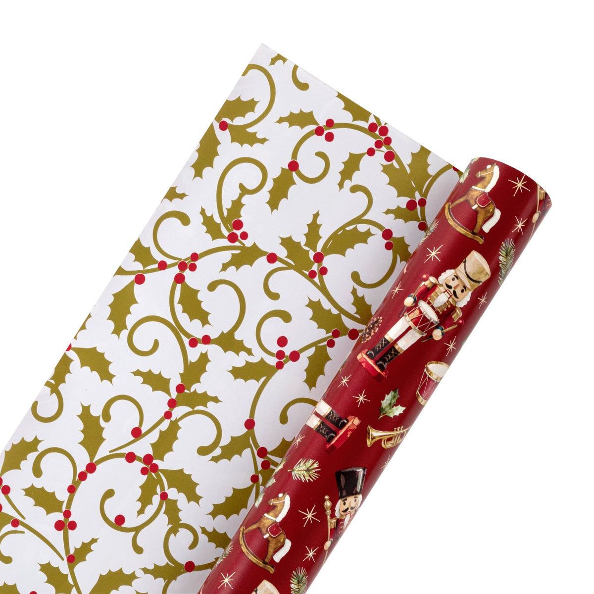 LaRibbons Nutcracker Wrapping Paper, 30" x 10' Holiday Reversible Metallic Gift Wrap Kit, Holly Nutcracker Plaids and Checks