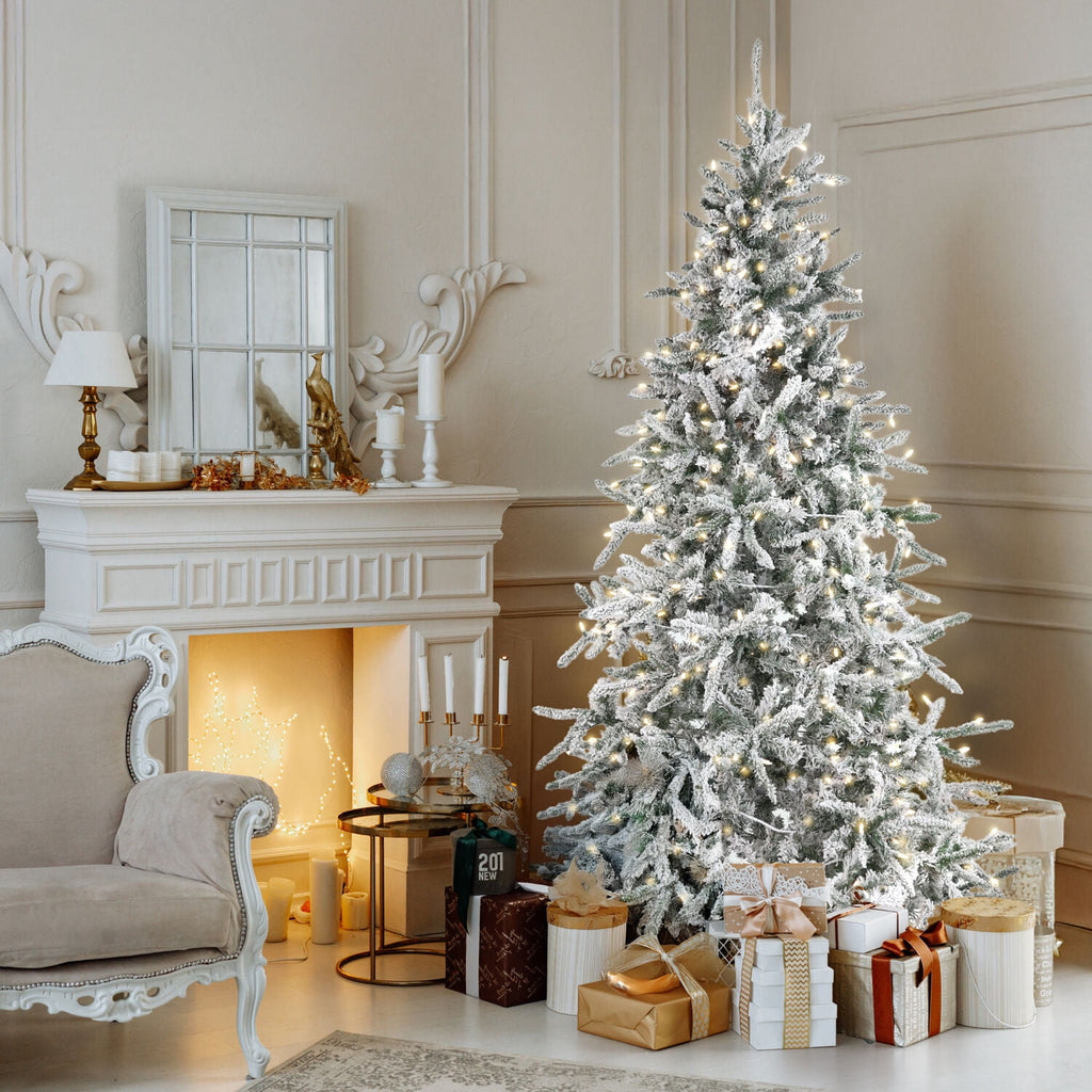 Fraser Hill Farm 6.5-Ft Flocked Mountain Pine Artificial Christmas Tree with Warm White LED Lights, FFMP065-5SN