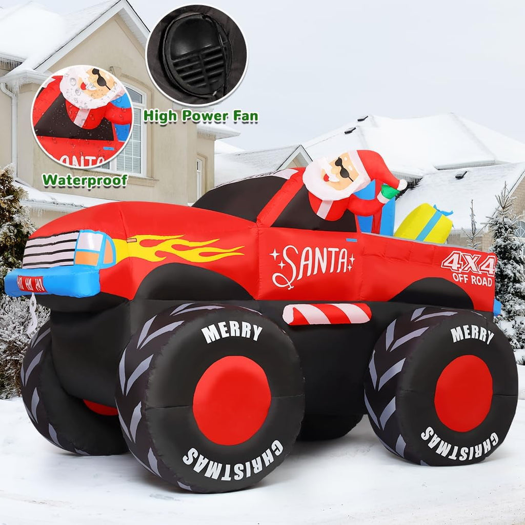 GOOSH 7.5 FT Long Christmas Inflatables Santa Claus on Truck with Presents, Monster Truck Inflatable Christmas Decorations with LED Lights, Outdoor Christmas Decorations Clearance for Xmas Holiday