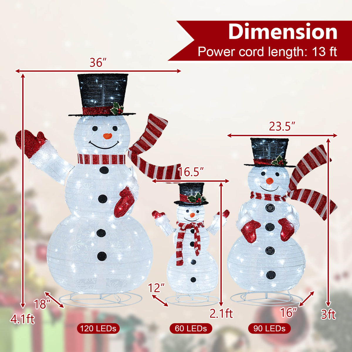 Costway 3PCS Pre-Lit 3D Snowman Set with 270 LED Lights for Home Lawn Yard Garden Plug in