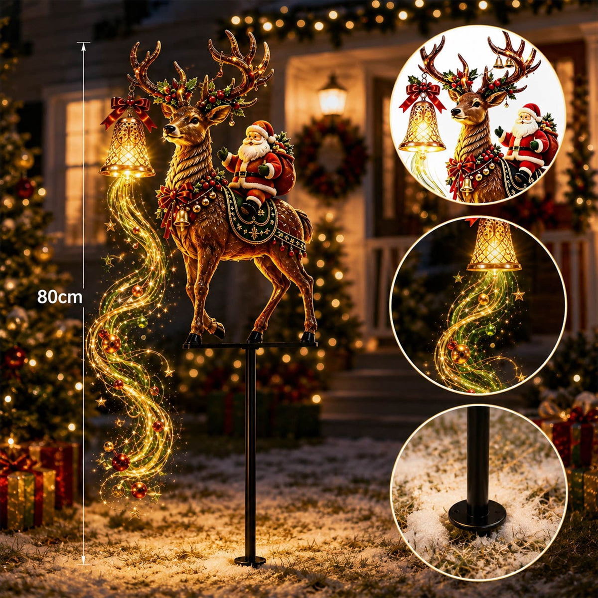 Christmas Reindeer Lighted Yard Stake, Bell and Snowflake Outdoor Decor for Lawn Garden Pathway Porch Holiday Display, 31.9 in