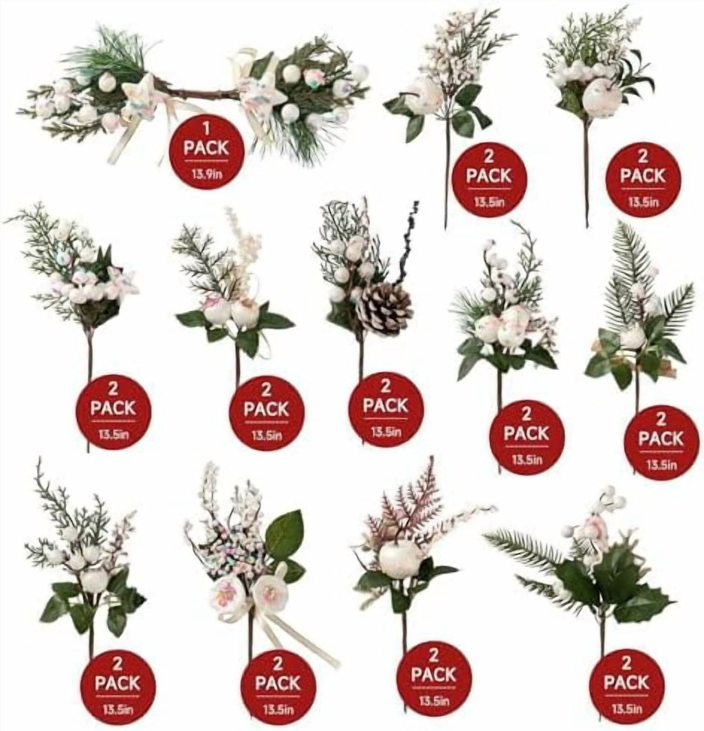 Crafare12 Pack Artificial Christmas Tree Picks Assorted Candy Pine Picks Spray with Pinecones Apples Holly Leaves Winter Holiday Season Decoration