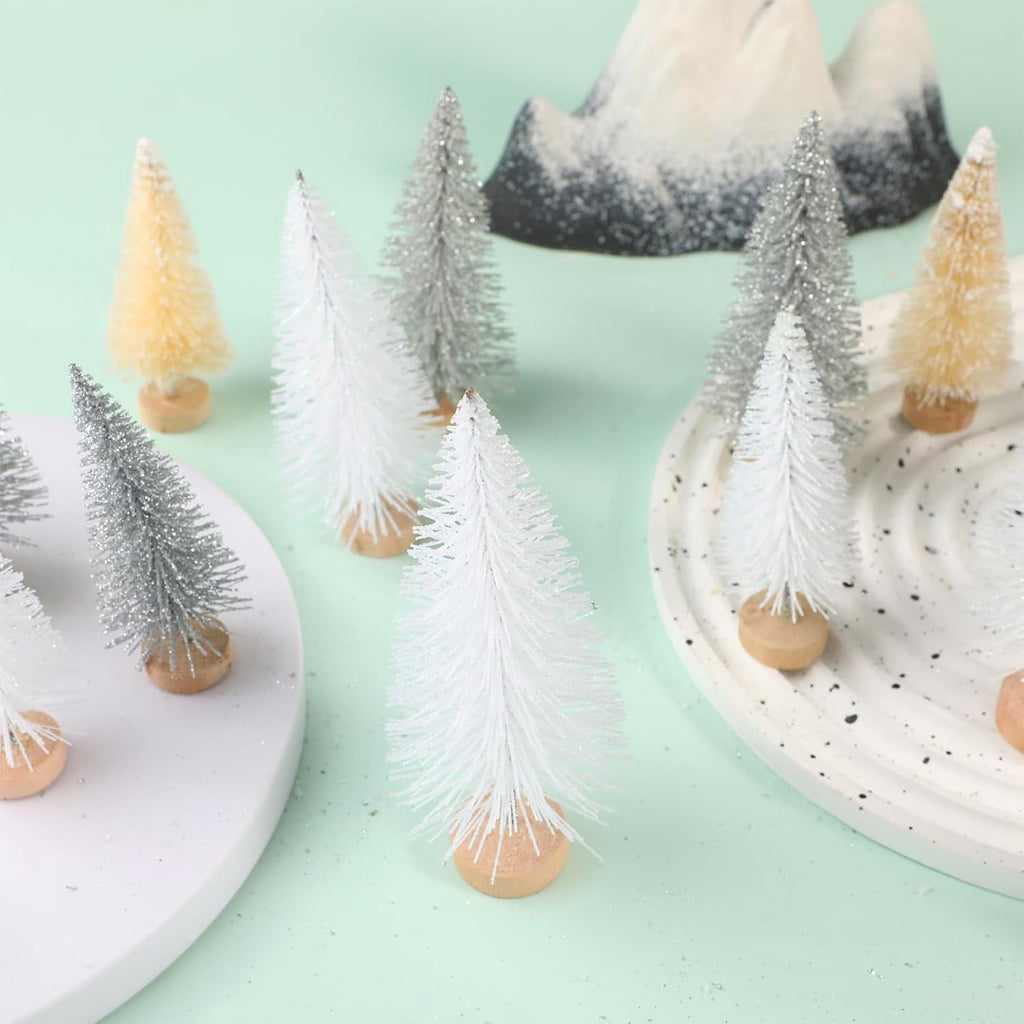 8 Pcs Artificial Mini Christmas Trees, Miniature Pine Trees Sisal Trees with Wood Base Tabletop Christmas Tree for Christmas Xmas Holiday New Year