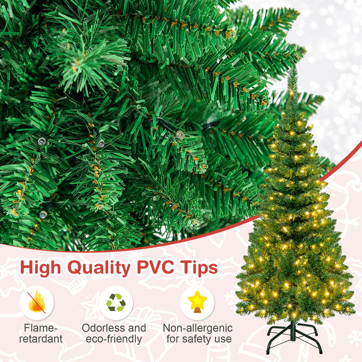 Topbuy 6.5ft Pencil Christmas Tree Pre-Lit Hinged Artificial Decoration w/ 250 Warm White Lights