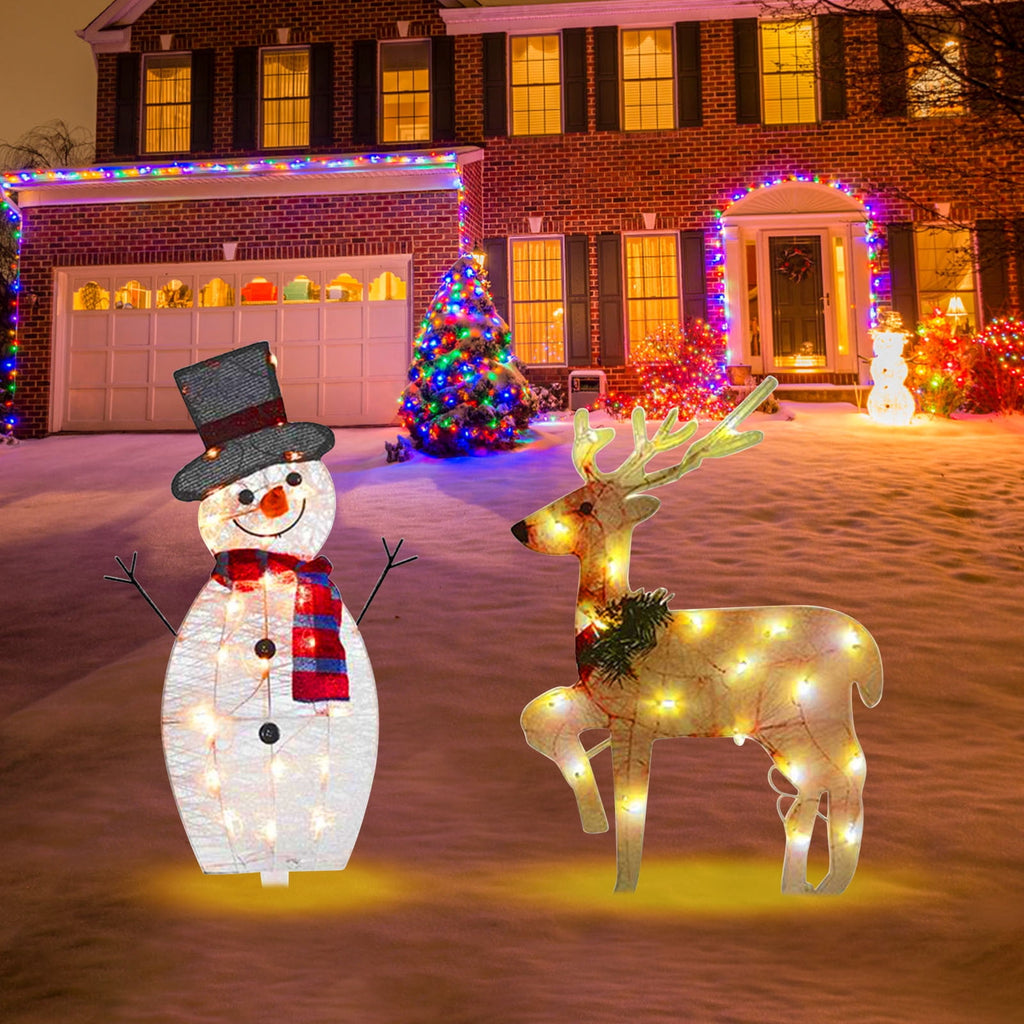 SLYNSHome 2Pcs Christmas Garden Pre-lit Lights LED Light Up Snowman and Deer Christmas Decoration Luminescent Elk Xmas Lamp Decor for Yard Pathway Lawn Patio Christmas Ornament Supplies ()