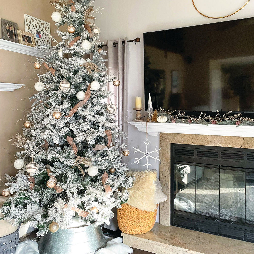 Fraser Hill Farm 6.5-Ft Flocked Mountain Pine Artificial Christmas Tree with Warm White LED Lights, FFMP065-5SN