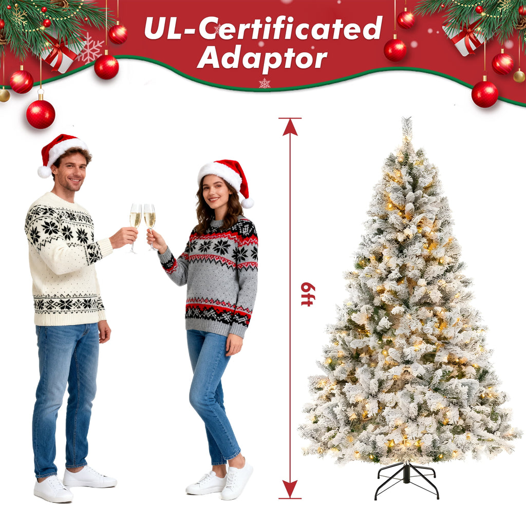 DAYBETTER 6ft Artificial Christmas Tree, Snow Flocked Christmas Pine Tree, with 210 Warm White Lights, 627 White Tips Branch, Includes Metal Stand for Xmas Holiday, Indoor and Outdoor Decor