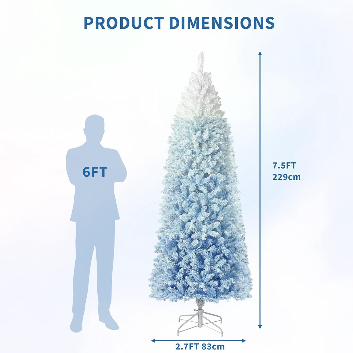 4.5/6/7.5/9 ft Flocked Pencil Christmas Tree with 100 Lights, Pre Lit Tall Skinny Christmas Tree with PVC Branch Tips, Premium Hinged Xmas Tree with Metal Base, Slim Artificial Christmas Tree